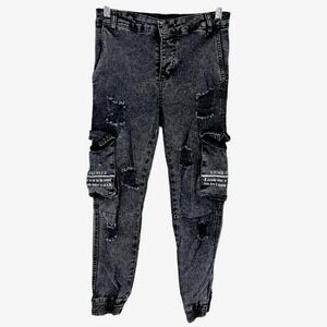 Ossy Homer Black‎ Acid Wash Streetwear Cargo Jogger Button Fly Jeans Size 29